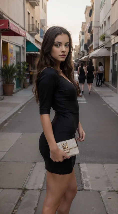 hyper realistic photograph, cute girl, 30 years old, brunette long hair, black tight dress, 64k, masterpiece, sharp photo, looking at the viewer, dark brown hair, holding a Dior bag, wearing tight shirt, Venice beach street behind her, Los Angeles behind, ...