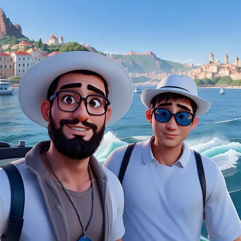 two handsome men on a boat in the water with a city in the background, one on the left with a white hat. The one on the right with sun glasses aykut aydogdu, enes dirig, taken in the early 2020s, profile picture 1024px, on a boat, aykut aydogdu zener, nick...