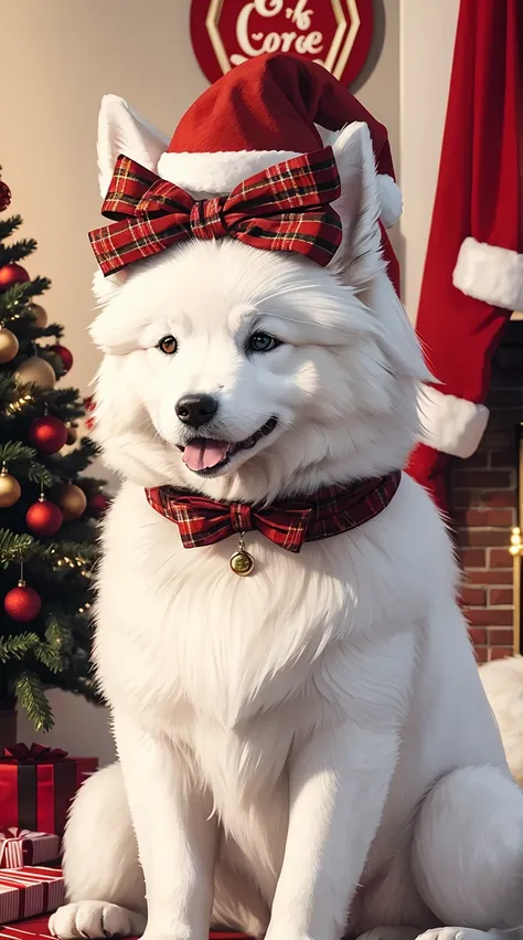 1dog,solo,(Samoyed),not human,animal photo, cute,realistic,in christmas town,best quality, masterpiece, ultra detailed