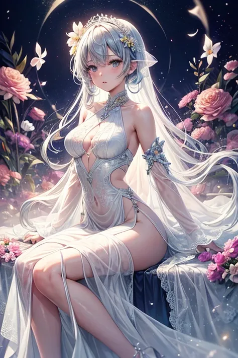 Woman in see-through white dress sitting in flower field, Ethereal and dreamy, Ethereal beauty, a stunning young Ethereal figure, dreamy and Ethereal, white hime cut hairstyle, Ethereal!!!!!!!, Ethereal fairytale, Beautiful maiden, pale snow-white skin, Et...