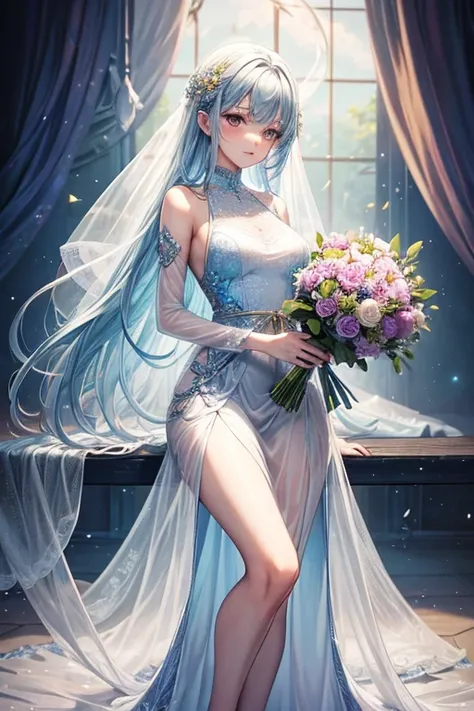 Woman in see-through white dress sitting in flower field, Ethereal and dreamy, Ethereal beauty, a stunning young Ethereal figure, dreamy and Ethereal, white hime cut hairstyle, Ethereal!!!!!!!, Ethereal fairytale, Beautiful maiden, pale snow-white skin, Et...