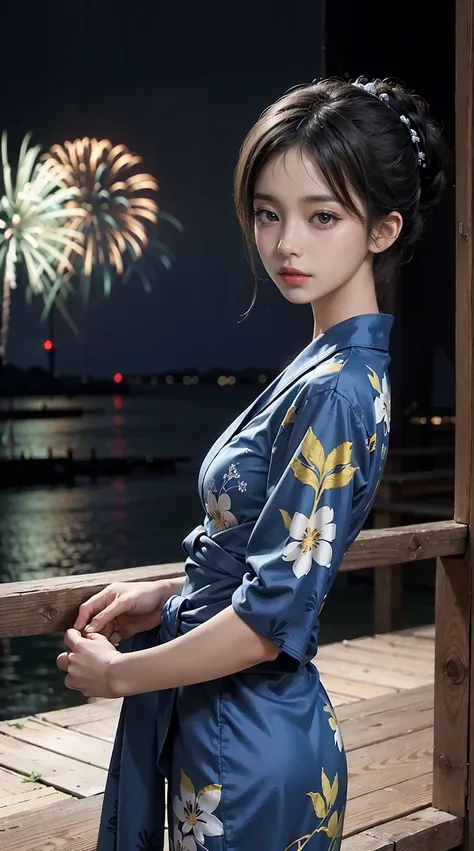 ((Masterpiece, Top  Quality, super definition, High definition)), Solo, a beauti, Shining Eyes, perfect  eyes, 16yo, blue theme, Yukata, fireworks show