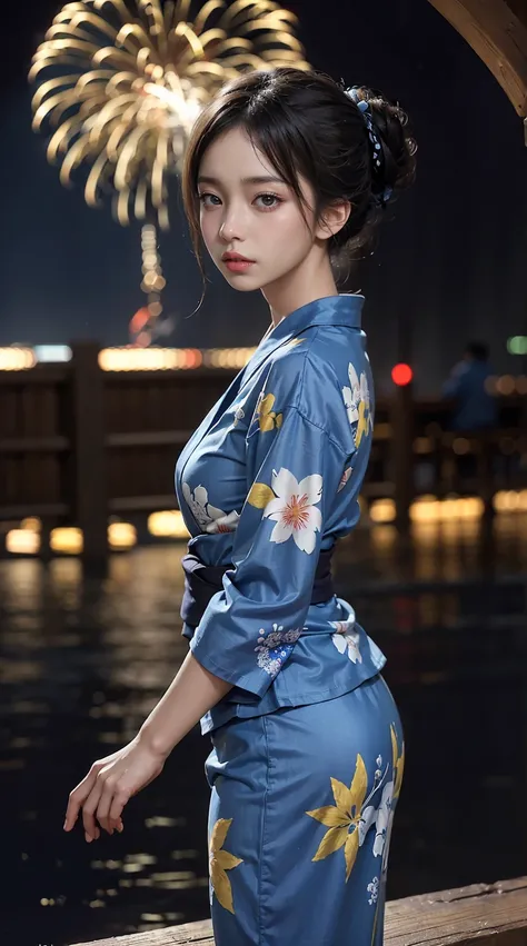 ((Masterpiece, Top  Quality, super definition, High definition)), Solo, a beauti, Shining Eyes, perfect  eyes, 16yo, blue theme, Yukata, fireworks show