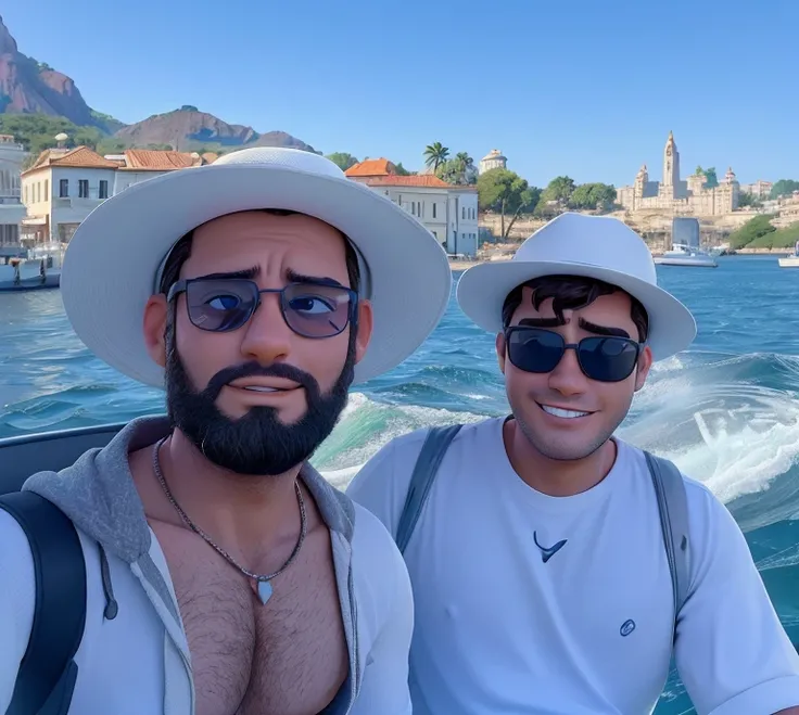 two handsome men on a boat in the water with a city in the background, man on the left has a white hat, does not have on glasses and a white shirt. Man on the left has a white hat. Sun glasses and a bright white smile. aykut aydogdu, enes dirig, taken in t...