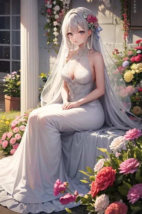 Woman in see-through white dress sitting in flower field, Ethereal and dreamy, Ethereal beauty, a stunning young Ethereal figure, dreamy and Ethereal, Ethereal!!!!!!!, Ethereal fairytale, Beautiful maiden, pale snow-white skin, Ethereal!!!, by Torii Kiyomo...