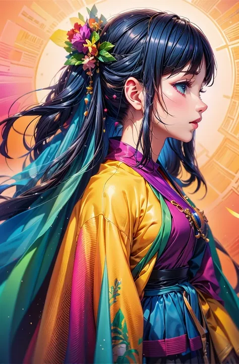 1girl, colorful clothing, colorful hair ornaments, detailed hill top background, night, studio ghibli style, ghibli color, miyaz...