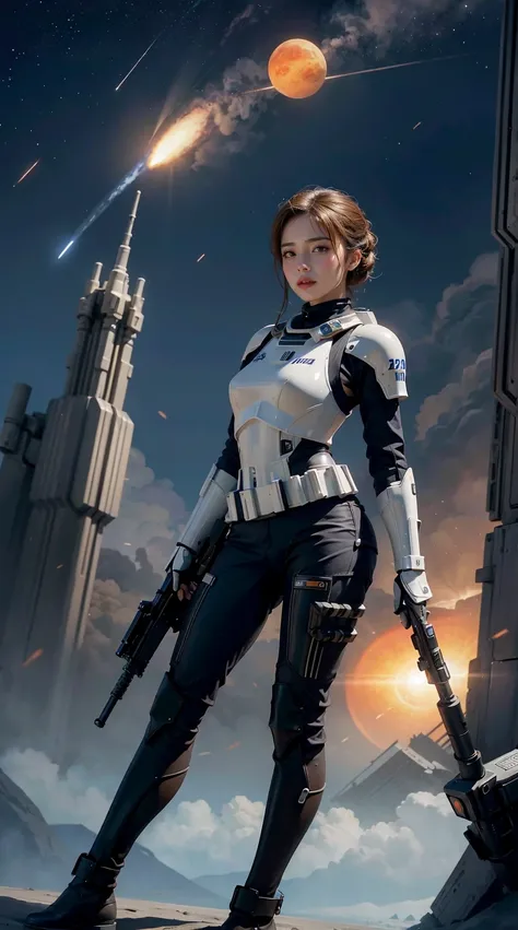 There is a woman holding a gun in front of a spaceship, Surreal fantasy art, Eternal Destiny, Female Stormtrooper, Heavenly planet in the background, Inspired by Jan Victors, Riot police boy with a shotgun, Oriana, Grey Orange, dune (2021) --ar 16:9 --V 5....