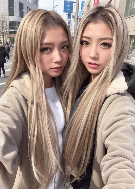 ​masterpiece、top-quality、超A high resolution、（photo realistic1.4）highers、asian human、(Brown race)、Black skin、blonde  hair、1girl in、nffsw,coat、tokyo street