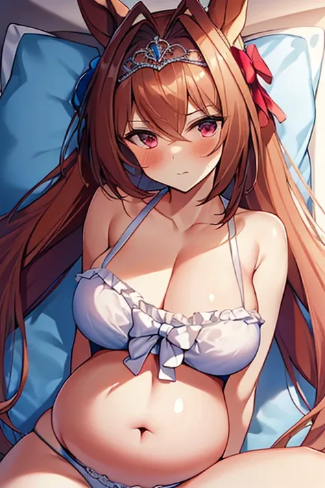 (((masterpiece, best quality, highres, UHD, perfect pixel, depth of field, 4k, RTX, HDR))), 1girl,  (lying on bed:1.2), on back, spread legs, pillow, embarrassed, (red blush:1), very huge breasts, brown hair, long hair, twintails, (red eyes:1), collarbone,...