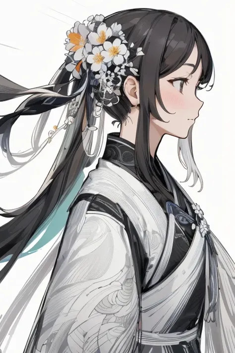 A picture of a woman with long hair，A flower stuck in his hair, 美丽的line art, clean line art, perfect line art, line art behance hd, extremely fine ink line art, hyper 详细的line art, 精美的line art, intricate line art, 详细的line art, line art, bold line art, detai...