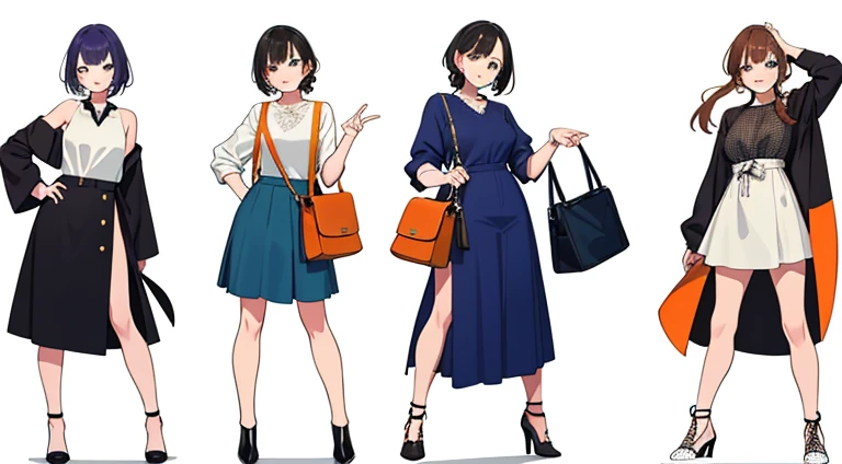 (((Best Quality))) , ((full body)), female, multiple views, white background, variety of hairstyles, variety of fashion styles, seductive pose, fashionable and trendy atmosphere, holding bag, 
blue, orange, green, violet, brown, white,