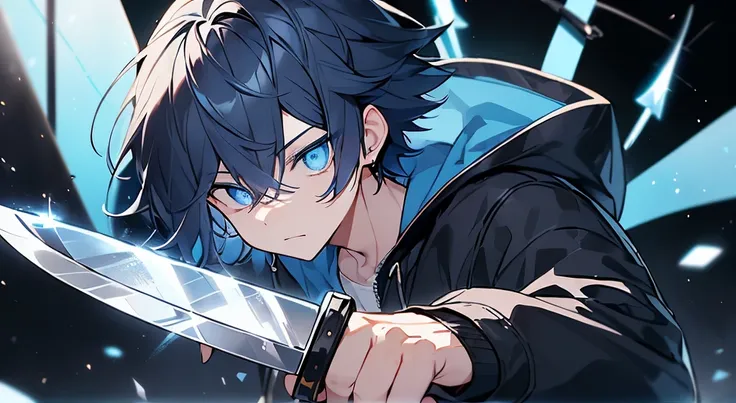 Reliance on black background、Particles of light、chromatic abberation、(One Boy:1.3)、A dark-haired、(Blue Jacket Hood)、(blue eyess:1.6)、Works with a vivid texture、(hair messy:1.2)、short-hair、(Boy fighting with a knife:1.3)、青いdaggersを持つ少年、Blue knife、daggers