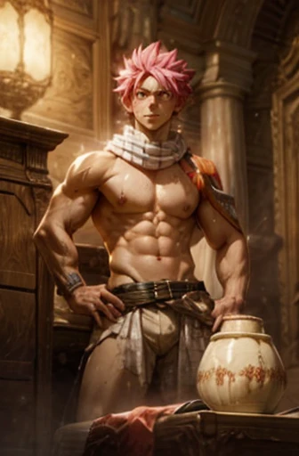 Natsu Dragneel, naked, muscular body and washboard abs and pecs, with cum flowinedium), ultra-detailed, realistic:1.37, vivid colors, portraits, warm color tones, soft, warm lighting