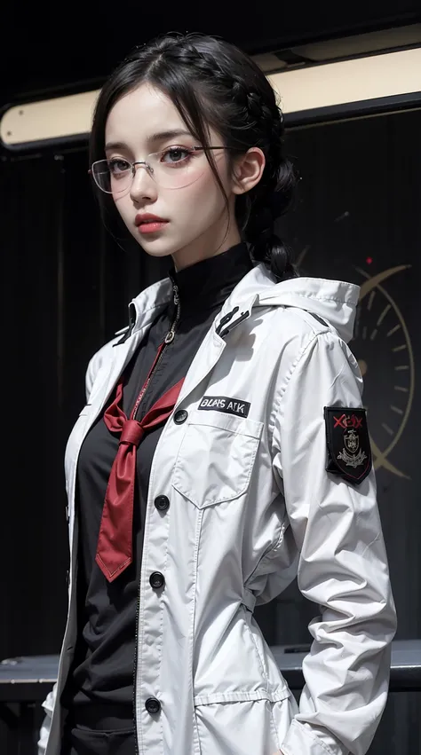 High definition,girls,small in size,Black hair,double braid hairstyle,Bang bang,Green Eyes,red glasses,Formal attire,Uniform,white coat,Dark look,karoship,ship aircraft carrier, futuristic, Science-Fiction, karoplane, universe, karo