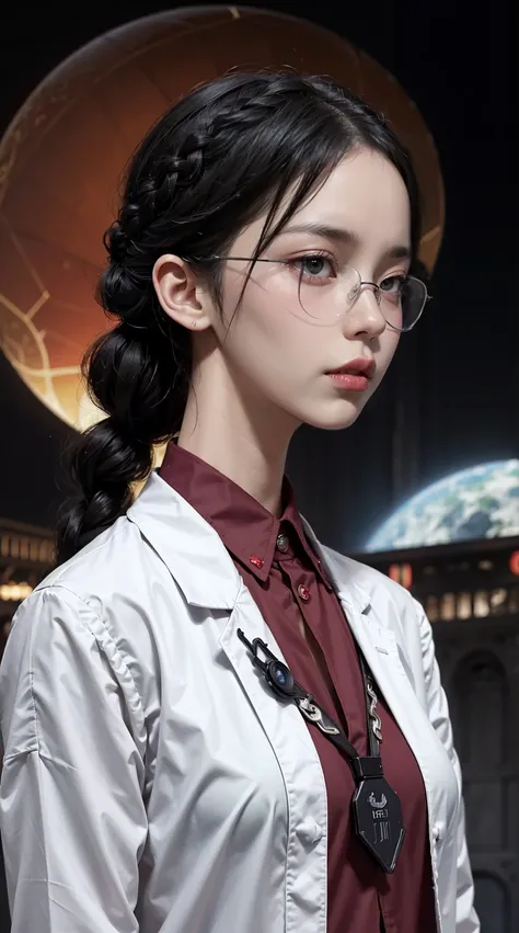 High definition,girls,small in size,Black hair,double braid hairstyle,Bang bang,Green Eyes,red glasses,Formal attire,Uniform,white coat,Dark look,karoship,ship aircraft carrier, futuristic, Science-Fiction, karoplane, universe, karo