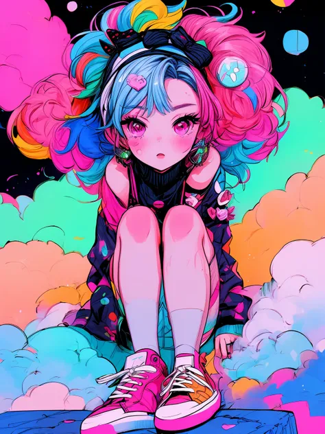 a close up of a person sitting on a ledge with a pair of shoes, decora inspired illustrations, anime vibes, rossdraws pastel vibrant, cute art style, loish art style, decora inspired, inspired by loish, rossdraws cartoon vibrant, beeple and jeremiah ketner...