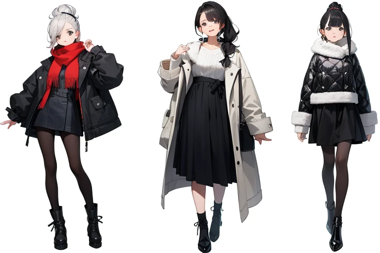 (((Best Quality))) , ((full body)), female, multiple views, white background, variety of hairstyles, variety of fashion styles, seductive pose, fashionable and trendy atmosphere, winter outfits,