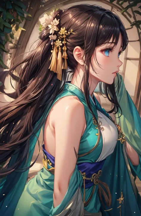 1girl, (shiny skin:1.2), detailed Gorgeous and sexy Hanfu, detailed Colorful hair ornaments, exquisite and delicate eyes, BREAK, country road background, clear blue sky, detailed background, Studio Ghibli Style, Ghibli color, Miyazaki Hayao style, Makoto N...