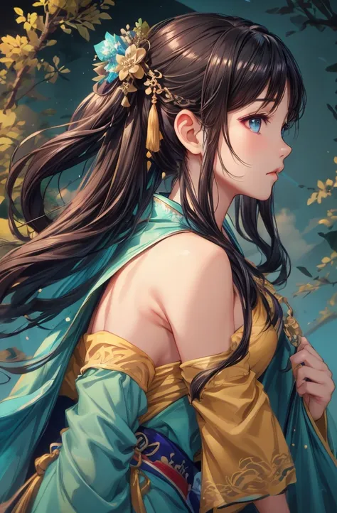 1girl, (shiny skin:1.2), detailed gorgeous and sexy hanfu, detailed colorful hair ornaments, exquisite and delicate eyes, break,...