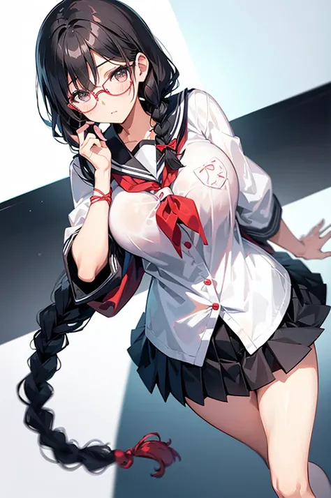 1 Japanese girl, glasses, blush, (slim body:1.3), huge breasts, (long and slender legs:1.3), (braid:1.2), black hair, school uniform,