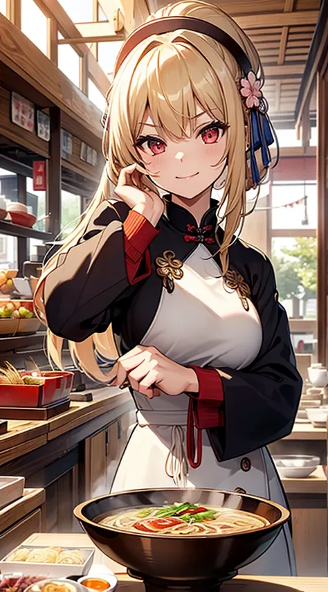 quality、image quality、masterpiece、Girl vs((18 years old、Blue cheongsam、best bust、Bust 90、Blonde hair double ponytail、red eyes、Open your mind、valleylissful、A slender one、ssmile,Fighting posture、Cherry blossom hair accessories)）高quality、beautiful art、Backgro...