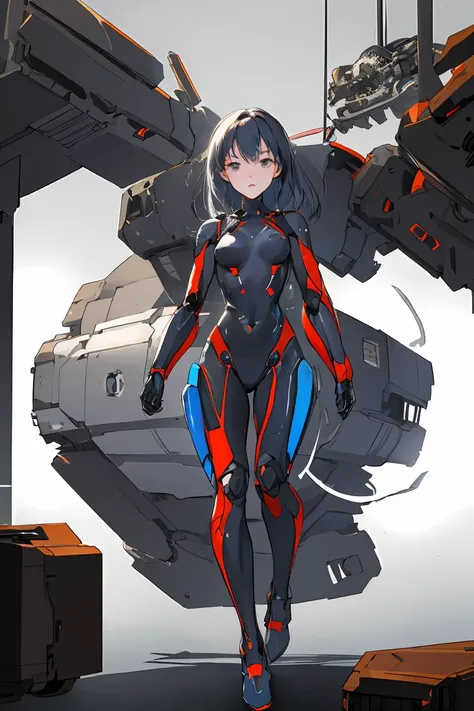 full body, whole body, head to toe, 1 girl in a futuristic and robotic suit, empty background,