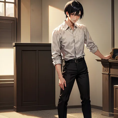 masterpiece, best quality, 1boy, solo, mature male, black hair, black hair, beige shirt, black pants, indoors