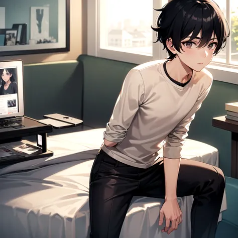 masterpiece, best quality, 1boy, solo, mature male, black hair, black hair, beige t-shirt, long sleeves, black pants, indoors