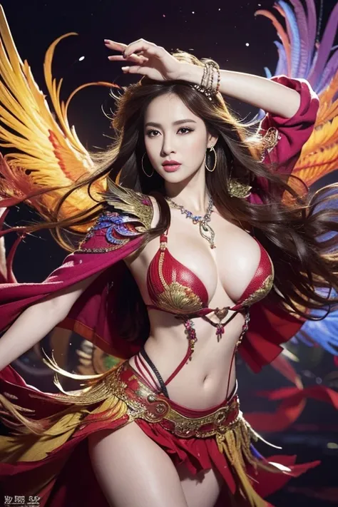 (​masterpiece、top-quality)、High resolution detailed recording、(Photoreal Stick:1.2)、1girl in、Cowboy Shot、(The beauty of a woman and the beauty of a phoenix feather seamlessly blend:1.1)、(Dance in a kaleidoscope of vibrant colors and patterns、The blades rea...