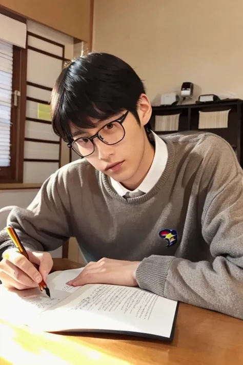 A 20-year-old Japanese man studying with a pen,a handsome