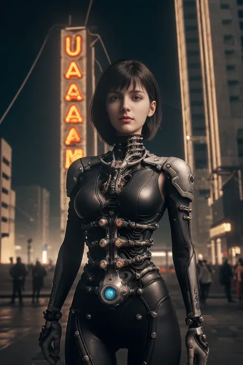 Top Quality, Masterpiece, Ultra High Resolution, ((Photorealistic: 1.4), Raw Photo, 1 cyberpunk Girl, Glossy Skin, 1 Mechanical Girl, (Ultra Realistic Detailechanical limbs, tubes connected to the mechanical parts, mechanical vertebrae attached to the spin...