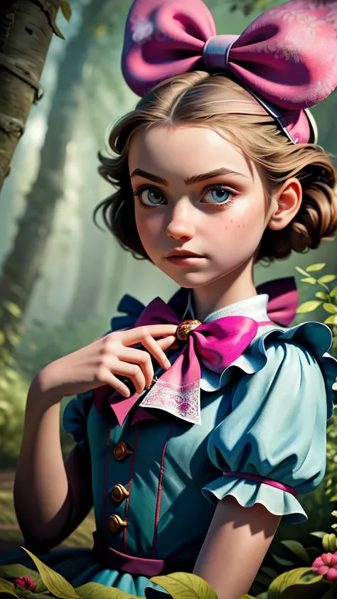 1girl, masterpiece, best quality, 8k, detailed skin texture, detailed cloth texture, beautiful detailed face, intricate details, ultra detailed, Alice in Wonderland, (a bow on her head:1.1), upper body