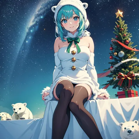 Diagonally from above, (A girl is sitting next to the Christmas tree: 1.5), (There is a polar bear next to it: 1.5), Beautiful eyes, Northern Lights, View from below, Vast sparkling landscape, Masterpiece, Finest, {{Masterpiece}}, {Top Grade}, Cute Girl, {...