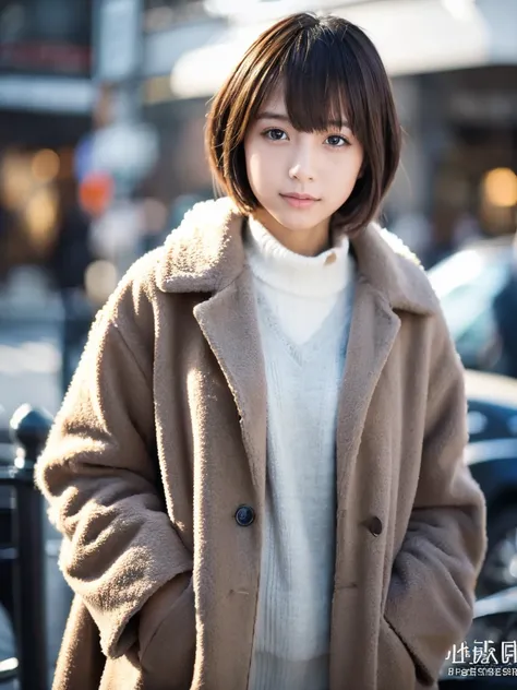 Jun Hasegawa、Shorthair、超A high resolution、(Photorealsitic:1.4)、女の子1人, coat、Dynamic Pose、The upper part of the body、tokyo street