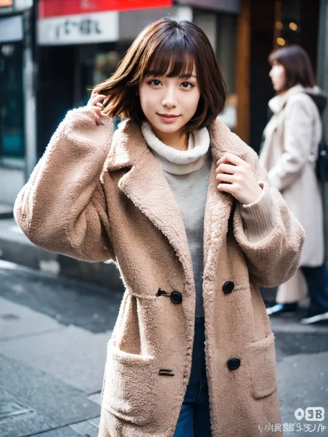 Jun Hasegawa、Shorthair、超A high resolution、(Photorealsitic:1.4)、女の子1人, coat、Dynamic Pose、The upper part of the body、tokyo street