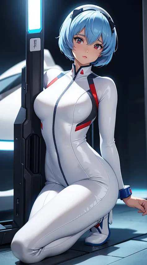 a pregirl，Lea Yabo，ayanami rei，blue short hair，Proud figure，White leather jumpsuit，Knelt，ultraclear，8k，high-quality picture