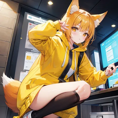 girl with、Yellow hoodie、It has the image of a fox, but it doesn&#39;t have furry ears.