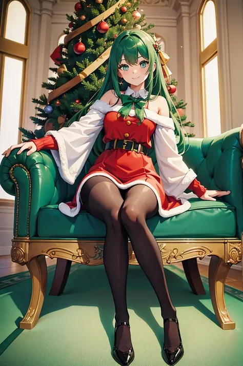 Full body, sitting next to the Christmas tree, stretching legs, beautiful eyes, vast sparkling landscape, masterpiece, finest, {{masterpiece}}, {finest}, cute girl, {solo}, Santa dress, Snowing, effects, beautiful green hair, tights, smile,