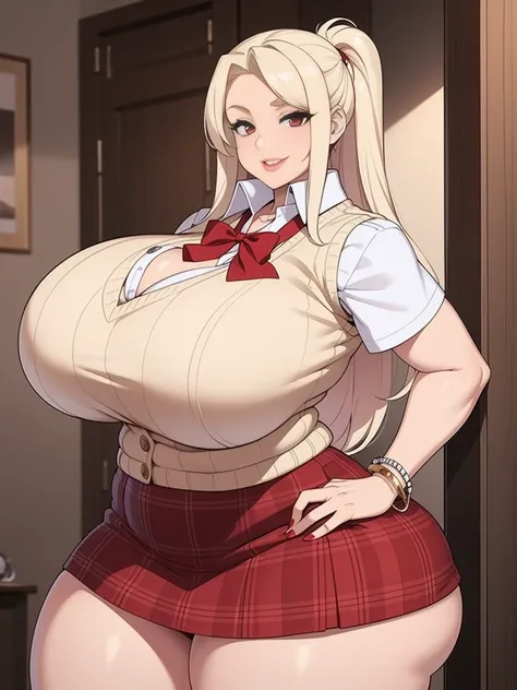 Best Quality, Solo, huge-breasted, gargantuan butt, very curvy, Hair styled with blonde highlights, pale red eyes, Full lips, Seductive, sly smile, White Button Up, Sweater Vest, plaid skirts, Bracelets, Silver Hoop, thick thighs, Curvaceous physique