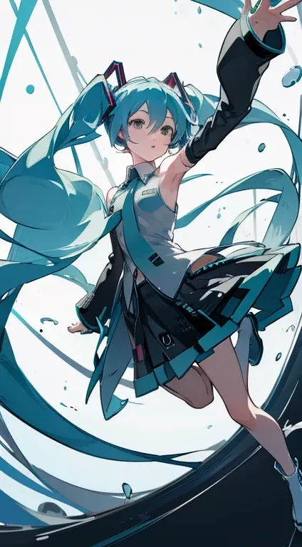 faces　(((miku hatsune)))　small tits　A slender　 (cool)　(Stirring composition) hiquality  (笑faces)  arm dynamic　Shoulder out　Full body painting　the feet