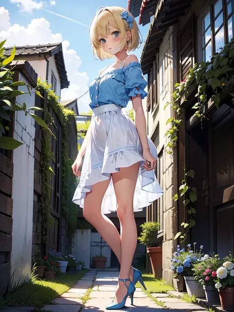 Top image quality　Original Characters、1 girl in 、Suspicious cloudsFull body girl in garden and blond short messy hair, Blue bohemian style clothing, blue eye and white, red and blue flowerbackground ,  wearing blue short and white high heels