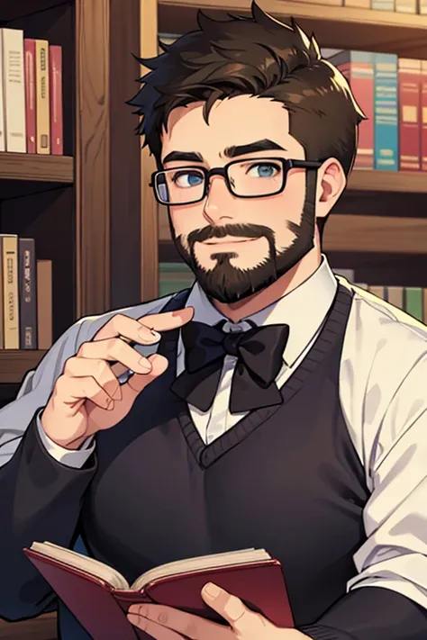 Chubby, nerdy teen boy, glasses, trimmed beard around chin, short hair, dark blonde, reading book