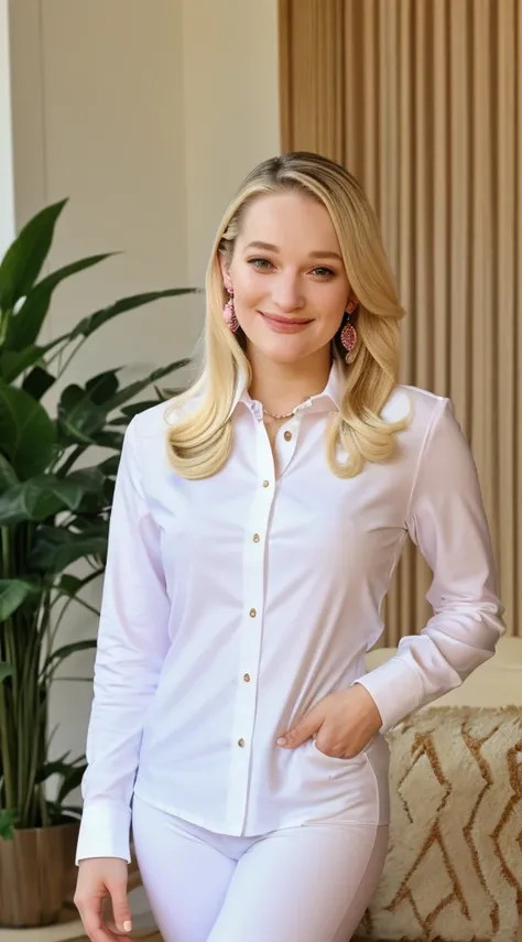 blond woman with long hair and earrings smiling at the camera, wearing a long sleeve white shirt and pink leggings, this person does not exist, perfect human female specimen, sophie turner-dove cameron-marion cotillard-winona ryder-phoebr dynevor-elisabeth...