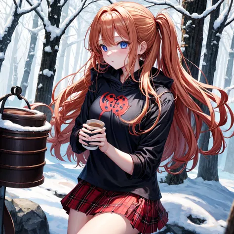 red blonde、blue eyess、one good looking girl、独奏、animesque、Plaid miniskirt、Black T-shirt、coat、the woods、Sunlight、Looks cold、Snow is piled up、drinking steaming tea