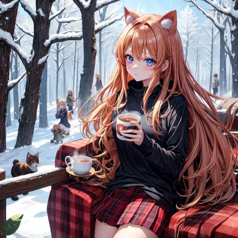 red blonde、blue eyess、one good looking girl、独奏、animesque、Plaid miniskirt、Black T-shirt、coat、the woods、Sunlight、Looks cold、Snow is piled up、drinking steaming tea