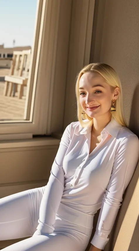 blond woman with long hair and earrings smiling at the camera, wearing a long sleeve white shirt and pink leggings, this person does not exist, perfect human female specimen, sophie turner-dove cameron-marion cotillard-winona ryder-phoebr dynevor-elisabeth...