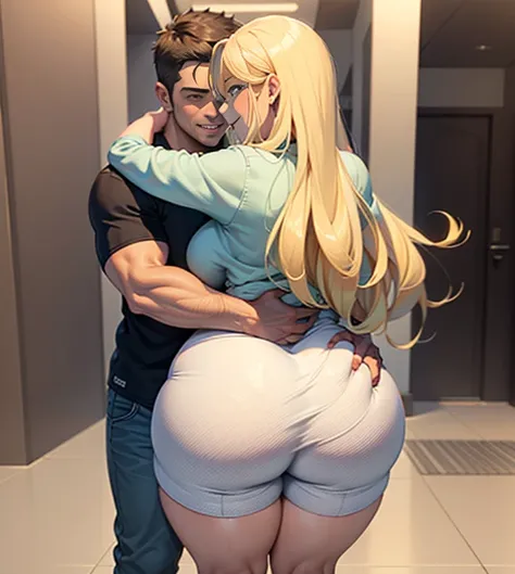 There is one girl and one boy. They are facing each other. They are hugging in a school hallway. Bbw, The girl is blonde. The girl is curvy with thick thighs and a big ass, she had a massive ass and wide hips. they are hugging. The guy is groping, squeezin...