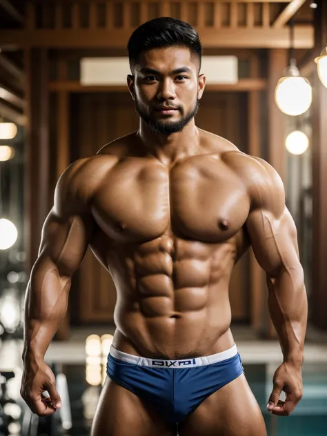 Masterpiece, Best quality, Super-Resolution, Depth-of-field, Maximum clarity and sharpness, A thai male, Bodybuilder, Bikini, Muscular pose, Natural eyes, Short hair, Beard.