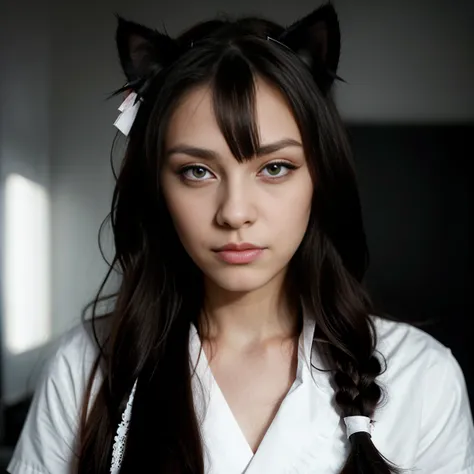 long hair, low-tied long hair, nurse cap, eyeball, wide eyes, cat ears, makeup, Surrealism, Surrealism, Contemporary art, Realism, image fill, silhouette, chiaroscuro, first-person view, f/1.8, UHD, masterpiece, 16k, 8k