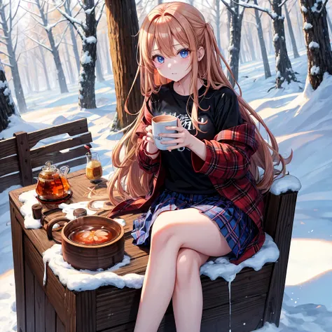 red blonde、blue eyess、one good looking girl、独奏、animesque、Plaid miniskirt、Black T-shirt、coat、the woods、Sunlight、Looks cold、Snow is piled up、drinking steaming tea、Upper Eyes、sitting on、kicking snow